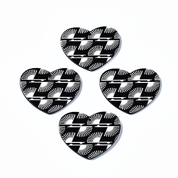 3D Printed Acrylic Pendants, Black and White, Heart with Fan Pattern, Black, 31.5x38.5x2.5mm, Hole: 1.6mm