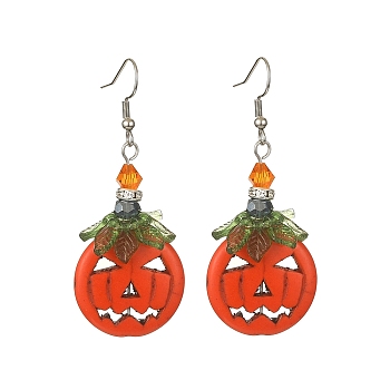 Synthetic Turquoise Pumpkin Dangle Earrings, 316 Surgical Stainless Steel Jewelry for Halloween, Orange Red, 61x24.5mm