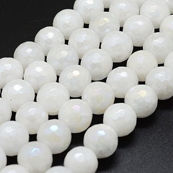 Electroplated Natural White Jade Beads Strands, Round, Faceted(128 Facets), 8mm, Hole: 1.5mm, about 47pcs/strand, 14.9 inch(38cm)