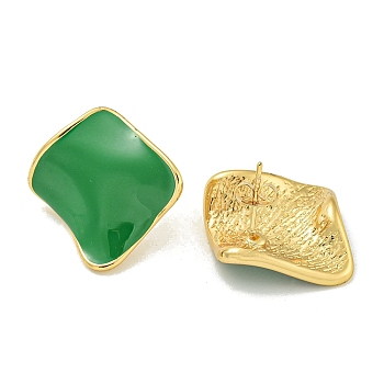 PVD Vacuum Plating 304 Stainless Steel & Enamel Stud Earrings for Women, Golden, Rhombus, Green, 25.5x27.5mm