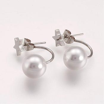 304 Stainless Steel Ear Studs, with Acrylic Beads, Star, Stainless Steel Color, 23x10x15mm, pin: 0.7mm
