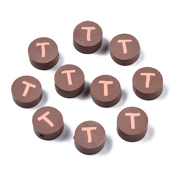 Handmade Polymer Clay Beads, Flat Round with Alphabet, Sienna, Letter.T, 9x3.5~5mm, Hole: 1.6mm