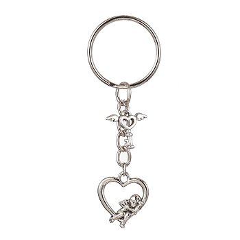 Valentine's Day Heart Alloy Pendant Keychain, with Iron Split Key Rings, Angel & Fairy, 7.3cm