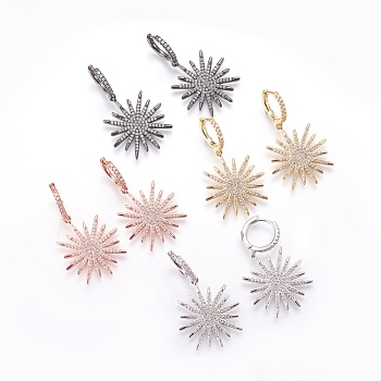 Brass Cubic Zirconia Hoop Earrings, Dangle Earrings, Star, Clear, Mixed Color, 40mm, Pendant: 26.5x23.5x2mm, Pin: 1mm