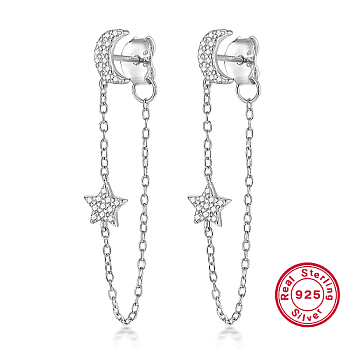 Rhodium Plated 925 Sterling Silver Moon & Star Stud Earrings, Chains Tassel Earrings, with 925 Stamp, Platinum, 67mm