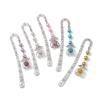 5Pcs 5 Styles Tibetan Style Alloy Bookmarks, Angel Glass Pearl Pendant Bookmarks, Mixed Color, 123x21x2.5mm, 1pc/style