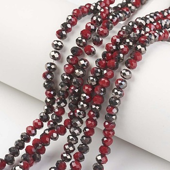 Electroplate Opaque Glass Beads Strands, Half Black Plated, Faceted, Rondelle, Dark Red, 6x5mm, Hole: 1mm, about 85~88pcs/strand, 16.1~16.5 inch(41~42cm)