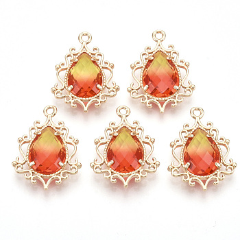 Golden Tone Brass Pendants, with Faceted Glass, Teardrop, Orange Red, 25.5x19x6mm, Hole: 1.6mm