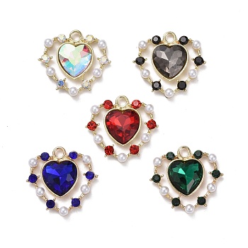 Alloy Pendants, with Plastic Imitation Pearl, Glass and Rhinestone, Heart, Light Gold, Mixed Color, 26x26.5x6mm, Hole: 2mm