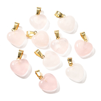 Natural Rose Quartz Pendants, with Golden Tone Brass Findings, Puffy Heart Charm, 18x15~15.5x6~8mm, Hole: 6x3mm