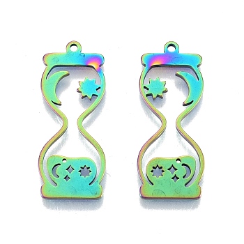 Ion Plating(IP) 201 Stainless Steel Pendants, Hourglass, Rainbow Color, 32.5x13x1.5mm, Hole: 1.5mm
