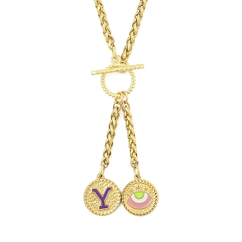 Ion Plating(IP) 304 Stainless Steel Purple Enamel Letter & Eye Pendant Wheat Chain Necklaces, with Toggle Clasps, Golden, Letter Y, 20.47~20.87 inch(52~53cm)