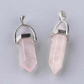 Natural Rose Quartz Double Terminated Pointed Pendants, with Platinum Tone Alloy Findings, Bullet, 35~42x11~13x7.5mm, Hole: 3.5x4.5mm