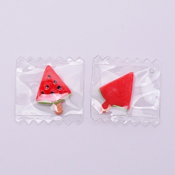 Resin Pendants, Imitation Food, with Clear Plastic Bags, Watermelon, Red, 30x29.5x3.7mm, Hole: 2mm