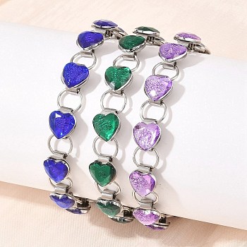 304 Stainless Steel and Glass Link Chain Bracelets for Women, Heart, Stainless Steel Color, Mixed Color, 7.48 inch(19cm)