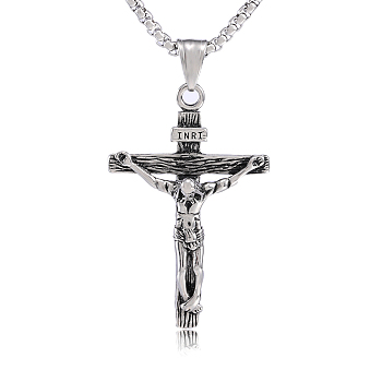 Cross Pendant Necklace with Jesus Crucifix Religious Necklace Sacrosanct Charm Neck Chain Jewelry Gift for Birthday Easter Thanksgiving Day, Stainless Steel Color, 21.65 inch(55cm)