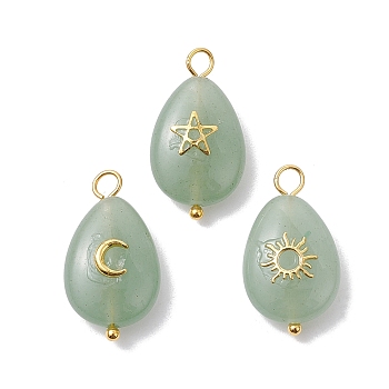 3Pcs 3 Styles Natural Green Aventurine Pendant, Teardrop Charms with Golden Plated Metal Moon & Sun & Star, 23~23.5x13x6.5~7mm, Hole: 2.4~2.8mm, 1pc/style