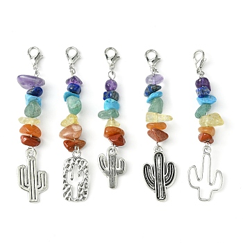 Alloy Cactus Pendant Decoration, with Zinc Alloy Lobster Claw Clasps and Chakra Natural & Synthetic Mixed Gemstone Chips, Antique Silver & Platinum, 68~76mm