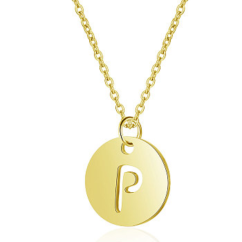 201 Stainless Steel Initial Pendants Necklaces, with Cable Chains, Flat Round with Letter, Golden, Letter.P, 16.3 inch(40cm), 1mm