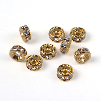 Brass Rhinestone Spacer Beads, Grade AAA, Straight Flange, Nickel Free, Golden Metal Color, Rondelle, Crystal, 6x3mm, Hole: 1mm