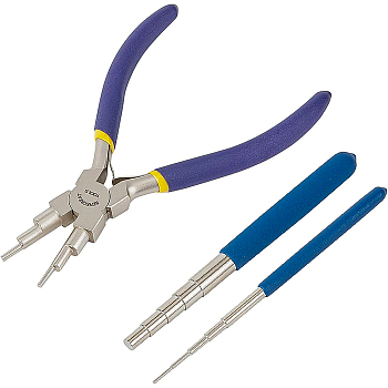 Wire Wrapping Tool Sets, with Carbon Steel Round Nose Pliers and Iron Wire Winding Rods, Blue, Loop Size: 1.5mm/1.7mm/2.7mm/3.8mm/5mm/6mm/7mm/8mm/9mm/10mm, 143.5x13.5mm, 141.5x7.5mm, 2pcs/set