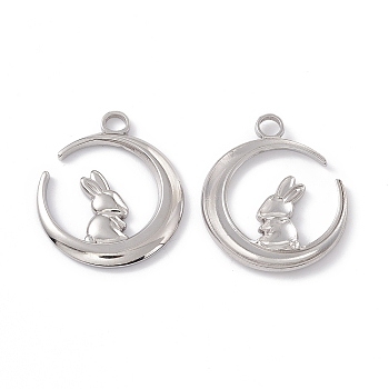 304 Stainless Steel Pendants, Moon with Rabbit, Stainless Steel Color, 24x20x2mm, Hole: 3mm