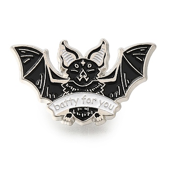 Black Bat Enamel Pins, Halloween Alloy Brooches for Backpack Clothes, Platinum, 19x32mm