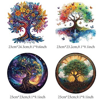 4Pcs 4 Styles Plastic Heat Transfer Film Logo Stickers Set, for DIY T-Shirt, Bags, Hats, Jackets, Tree of Life, 230~243x230mm, 1pc/style