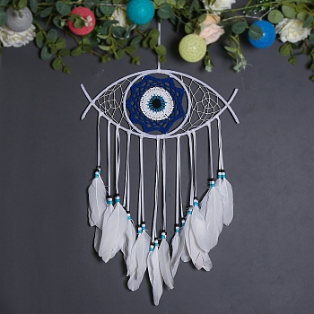 Wooden Woven Net/Web with Feather Pendant Decotations, with Dyed Feather and Silk Cord, Wall Hanging Ornament for Car, Home Decor, Evil Eye, White, Pendant: 550x370mm