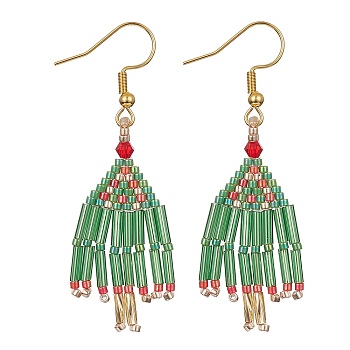 Christmas Tree Dangle Earrings for Women, Seed Beads Tassel Earring with 304 Stainless Steel Earring Hooks, Golden, 55x21mm
