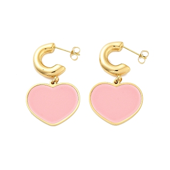 Ion Plating(IP) 304 Stainless Steel Heart Stud Earrings, with Enamel for Women, Real 18K Gold Plated, Pink, 40x23.5mm