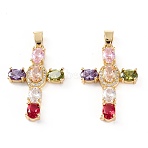 Brass Micro Pave Cubic Zirconia Pendants, Cadmium Free & Lead Free, Long-Lasting Plated, Cross, Real 18K Gold Plated, Colorful, 34.5x23x5.5mm, Hole: 4.5x3.5mm(X-ZIRC-M116-04G)