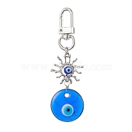 Evil Eye Lampwork Pendant Decorations, Alloy Sun & Swivel Clasps Charms for Bag Ornaments, Round, 85mm, pendant: 55x25x6mm(HJEW-JM01997-01)