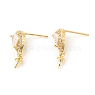Rack Plating Brass Micro Pave Cubic Zirconia Stud Earring Finding, with Pinch Bails for Half Drilled Beads, Teardrop, Cadmium Free & Lead Free, Real 18K Gold Plated, 12x7x4.5mm, Pin: 0.6mm and 0.8mm(KK-C021-13G)
