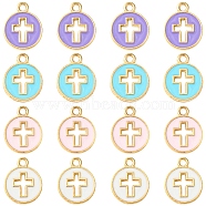 16Pcs 4 Colors Light Gold Plated Alloy Enamel Pendants, Flat Round with Cross, Mixed Color, 15x12x1.5mm, Hole: 1.6mm, 4pcs/color(ENAM-FS0001-85)