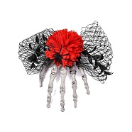 Halloween Party Hair Accessories, Skeleton Hand Plastic Alligator Hair Clip, Rose Polyester Mesh Hair Clip, Red, 260x160x32mm(AJEW-S088-06B)