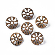 Walnut Wood Stud Earring Findings, with 316 Stainless Steel Pin and Hole, Flat Round with Flower, Tan, 17.5mm, Hole: 1.8mm, Pin: 0.7mm(MAK-N032-042)