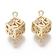 Brass Micro Pave Cubic Zirconia Links Connectors, Hollow, Cube with Word Love, Nickel Free, Clear, Real 18K Gold Plated, 15x10x9mm, Hole: 1mm(KK-S356-102-NF)