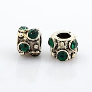 Antique Silver Tone Alloy Emerald Rhinestone European Beads, Large Hole Column Beads, 10x8mm, Hole: 5mm(RB-J256-08AS)