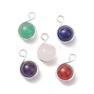 Natural Mixed Gemstone Copper Wire Wrapped Pendants, Round Charms, Silver, 18.5~19x12x10.5mm, Hole: 3mm(PALLOY-JF02604-01)