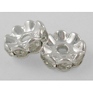 Middle East Rhinestone Spacer Beads, Clear, Brass, Silver Color Plated, Nickel Free, Size: about 6mm in diameter, 3mm thick, hole: 1mm(X-RSB028NF-01)