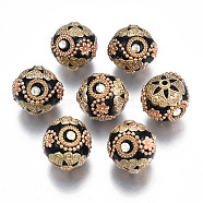 Handmade Indonesia Beads, with Crystal AB Rhinestone and Golden Tone Brass Findings, Round, Black, 20x19~20mm, Hole: 1.5~1.8mm(IPDL-N003-004G-A)