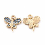 Rack Plating Eco-friendly Alloy Rhinestone Charms, Butterfly Charm, Golden, Sapphire, 14.5x14x2mm, Hole: 1.8mm(FIND-A025-13G-02)