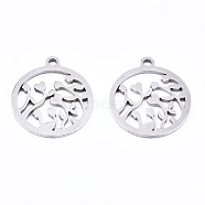 201 Stainless Steel Pendants, Laser Cut, Ring with Flower, Stainless Steel Color, 17x15x1mm, Hole: 1.4mm(STAS-T044-191P)