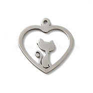201 Stainless Steel Pendants, Laser Cut, Stainless Steel Color, Heart Charm, Cat Shape, 15x14x1mm, Hole: 1mm(STAS-E206-06P-06)