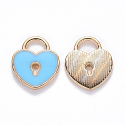 Alloy Enamel Charms, Heart Lock, Light Gold, Deep Sky Blue, 13x11x1.5mm, Hole: 3x4mm(X-ENAM-S121-039D)