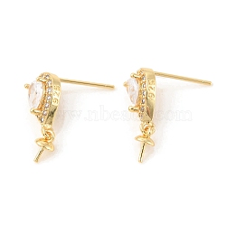 Rack Plating Brass Micro Pave Cubic Zirconia Stud Earring Finding, with Pinch Bails for Half Drilled Beads, Teardrop, Cadmium Free & Lead Free, Real 18K Gold Plated, 12x7x4.5mm, Pin: 0.6mm and 0.8mm(KK-C021-13G)