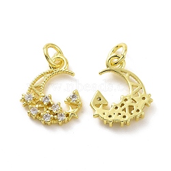 Brass Micro Pave Clear Cubic Zirconia Charms, with Jump Ring, Moon with Star, Real 18K Gold Plated, 13x11.5x2mm, Hole: 3.2mm(KK-E068-VF048)