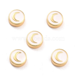 Brass Enamel Beads, Real 18K Gold Plated, Long-Lasting Plated, Cadmium Free & Lead Free, Flat Round with Moon Pattern, White, 10x3.5mm, Hole: 1.6mm(KK-D068-01G-05-RS)