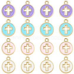 16Pcs 4 Colors Light Gold Plated Alloy Enamel Pendants, Flat Round with Cross, Mixed Color, 15x12x1.5mm, Hole: 1.6mm, 4pcs/color(ENAM-FS0001-85)